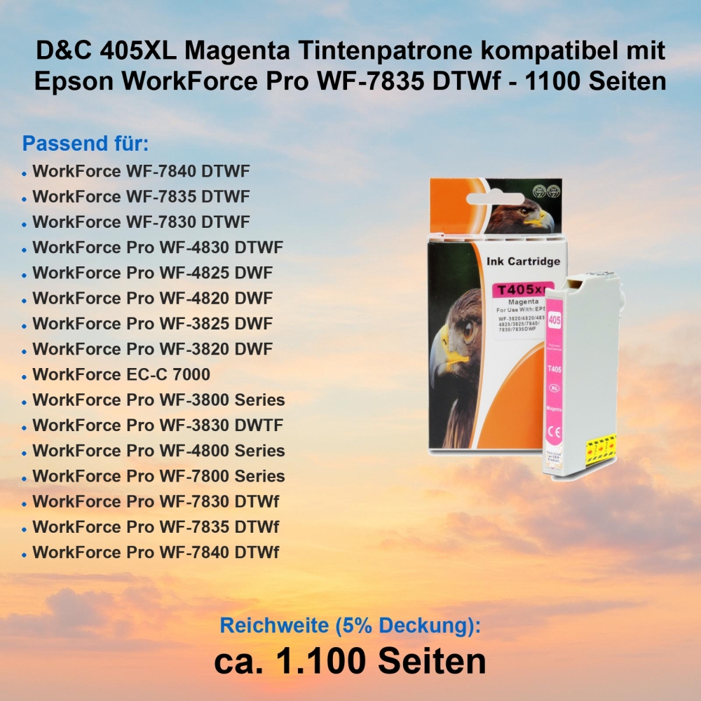 D&C 405XL Magenta Tintenpatrone kompatibel mit Epson WorkForce Pro WF-7835 DTWf - 1100 Seiten