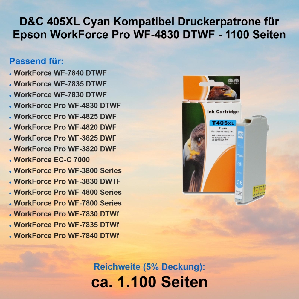 D&C 405XL Cyan Kompatibel Druckerpatrone für Epson WorkForce Pro WF-4830 DTWF - 1100 Seiten