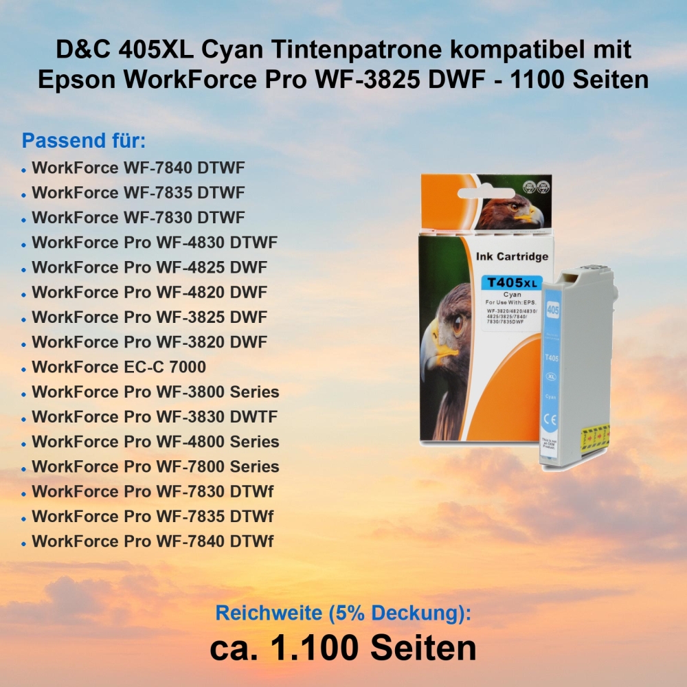 D&C 405XL Cyan Tintenpatrone kompatibel mit Epson WorkForce Pro WF-3825 DWF - 1100 Seiten