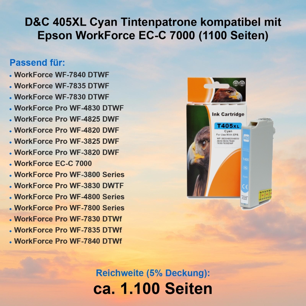D&C 405XL Cyan Tintenpatrone kompatibel mit Epson WorkForce EC-C 7000 (1100 Seiten)