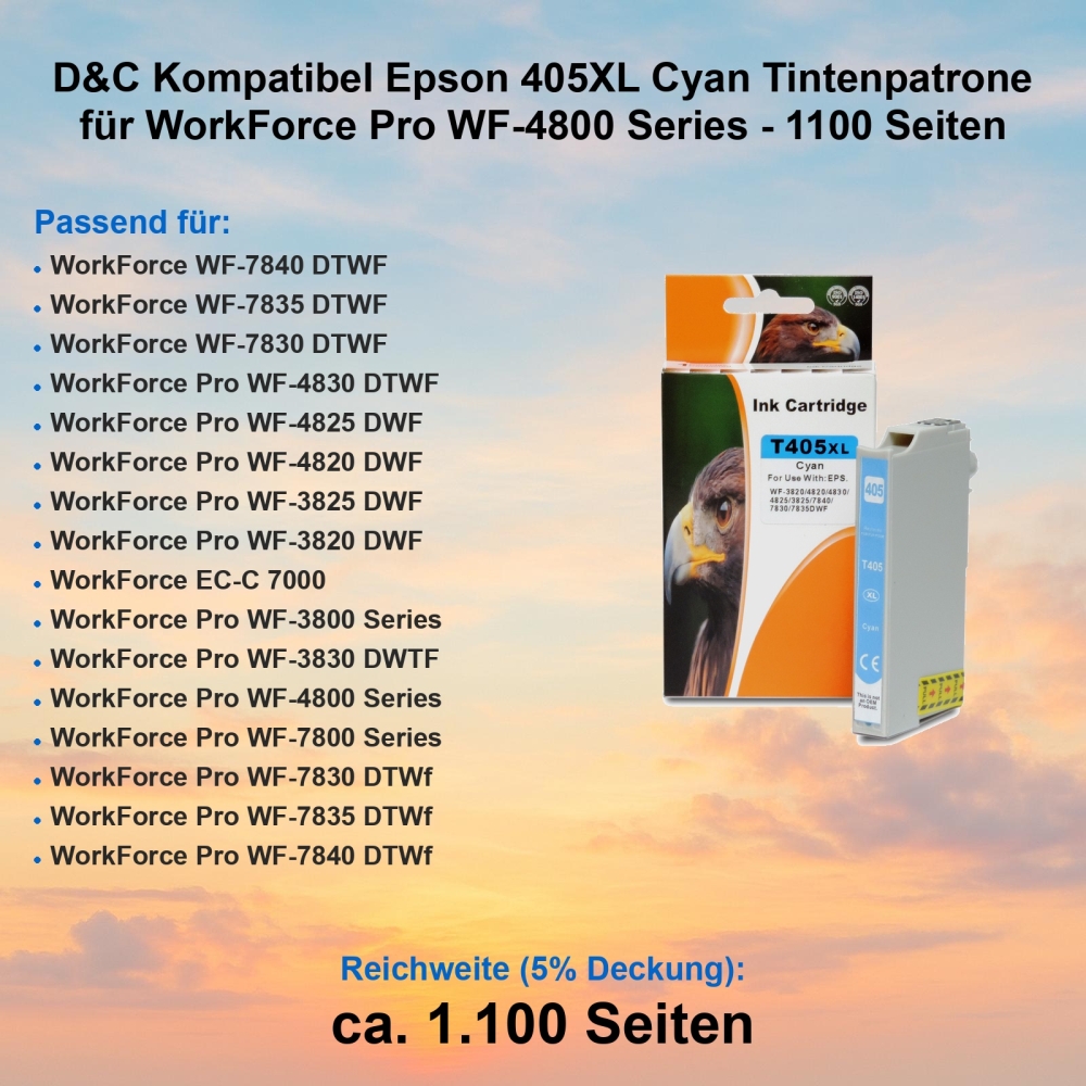 D&C Kompatibel Epson 405XL Cyan Tintenpatrone für WorkForce Pro WF-4800 Series - 1100 Seiten