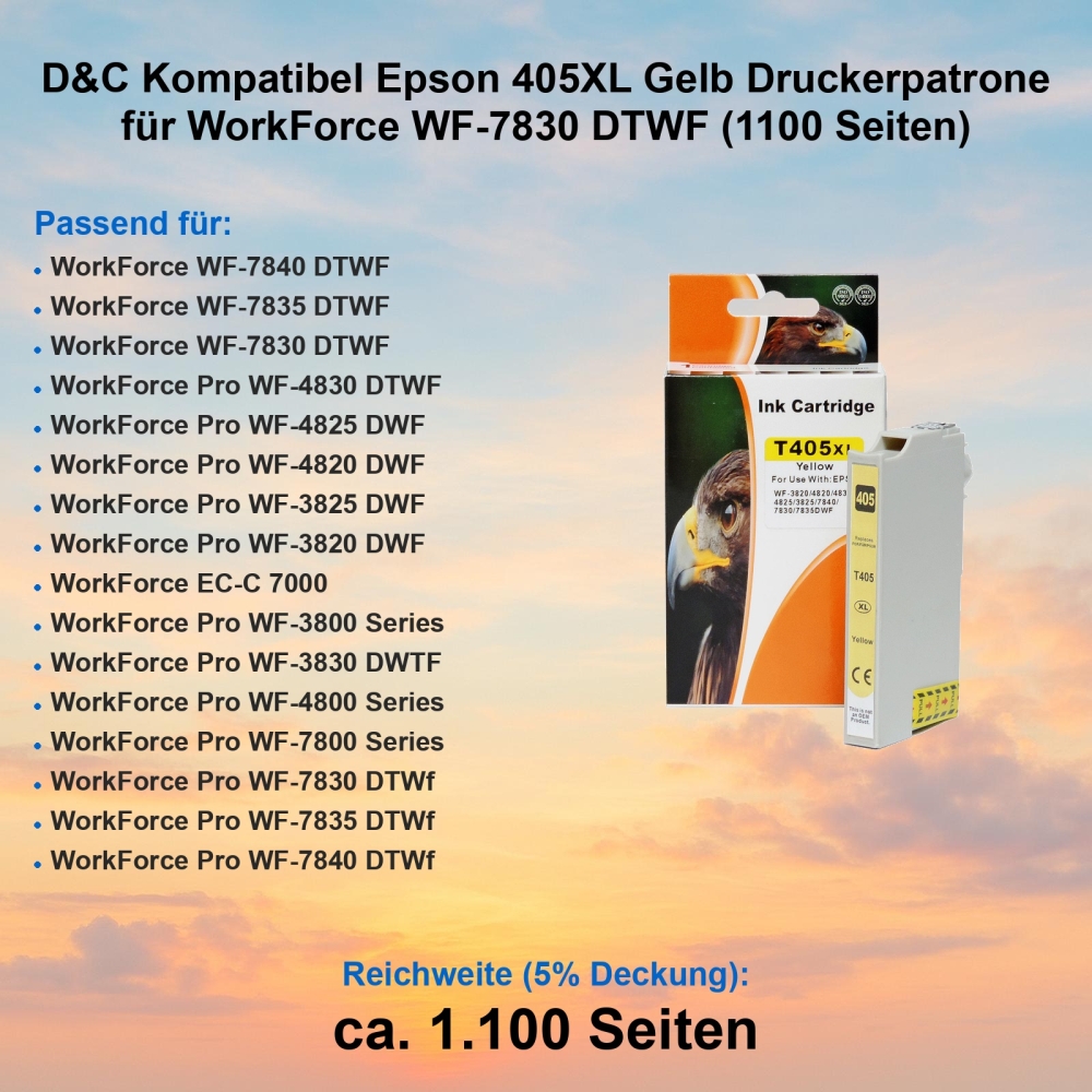 D&C Kompatibel Epson 405XL Gelb Druckerpatrone für WorkForce WF-7830 DTWF (1100 Seiten)