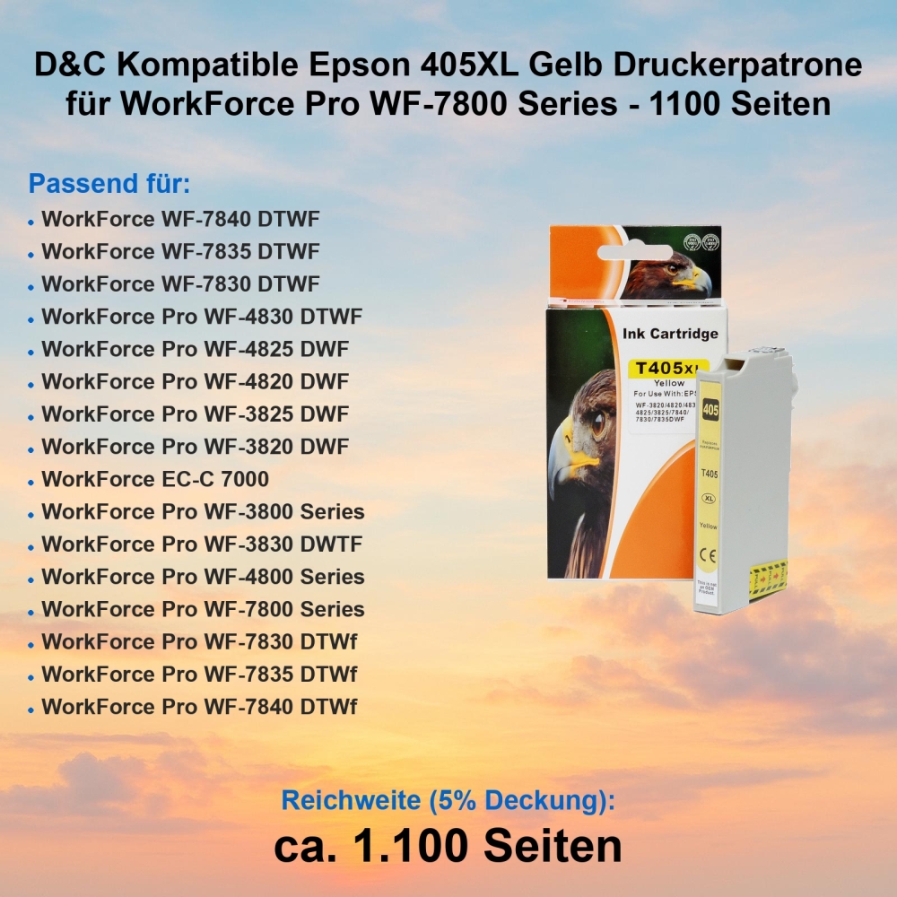 D&C Kompatible Epson 405XL Gelb Druckerpatrone für WorkForce Pro WF-7800 Series - 1100 Seiten
