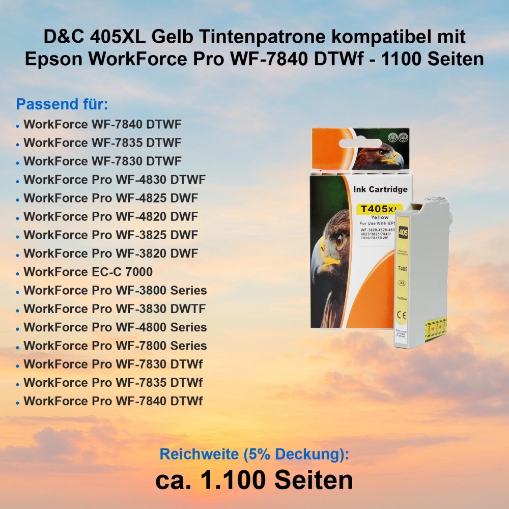 D&C 405XL Gelb Tintenpatrone kompatibel mit Epson WorkForce Pro WF-7840 DTWf - 1100 Seiten