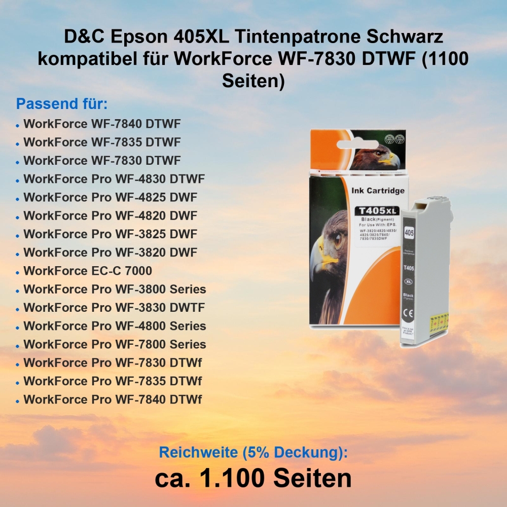 D&C Epson 405XL Tintenpatrone Schwarz kompatibel für WorkForce WF-7830 DTWF (1100 Seiten)