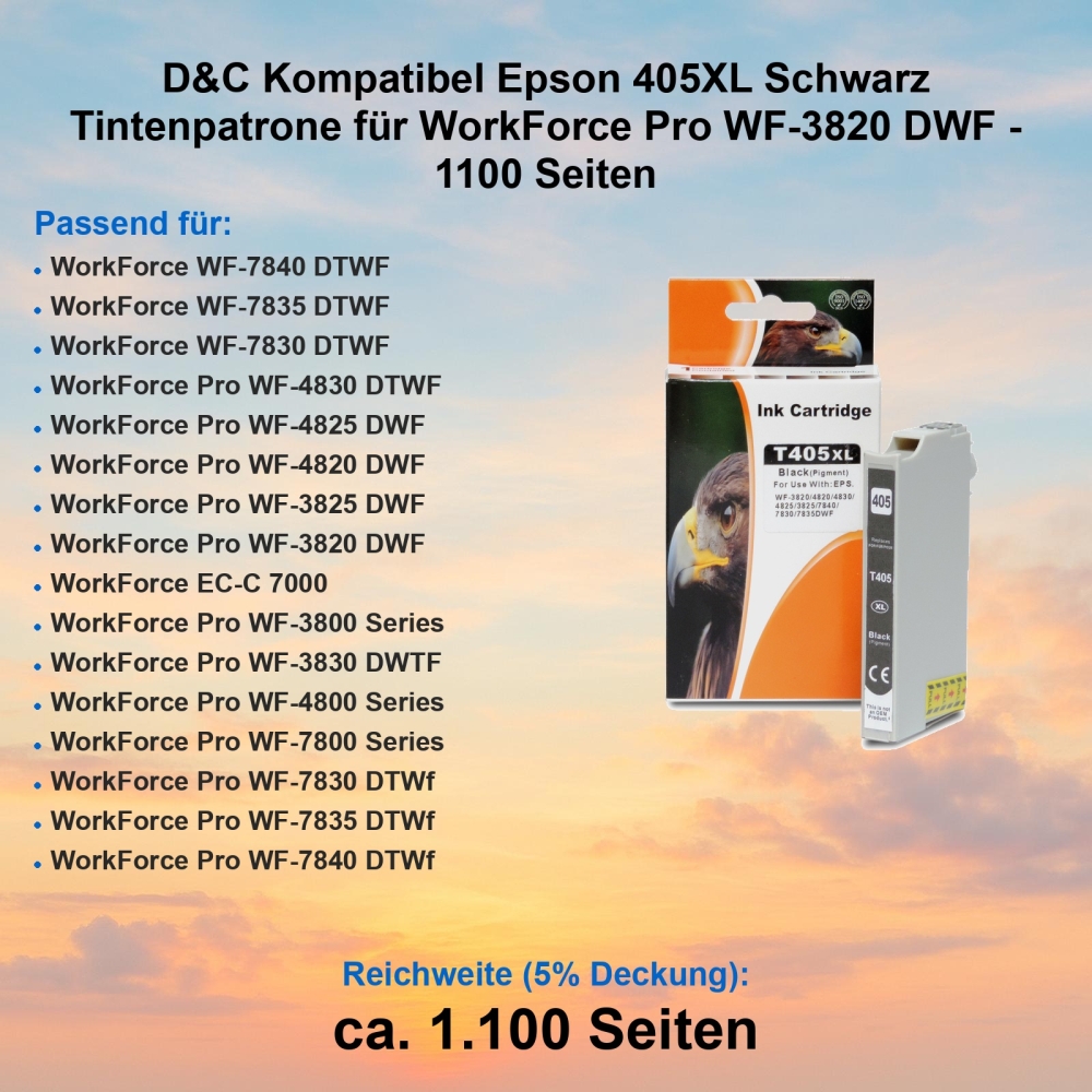 D&C Kompatibel Epson 405XL Schwarz Tintenpatrone für WorkForce Pro WF-3820 DWF - 1100 Seiten