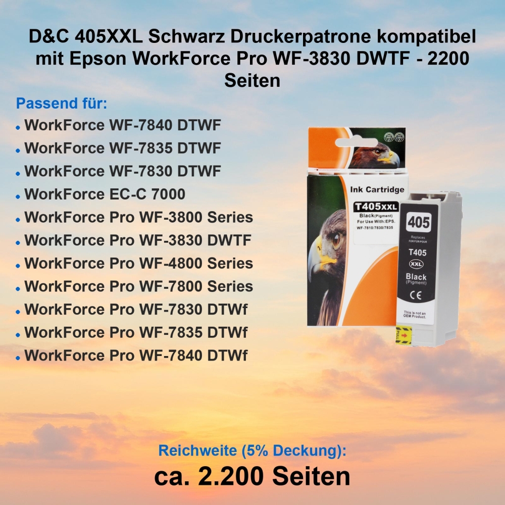 D&C 405XXL Schwarz Druckerpatrone kompatibel mit Epson WorkForce Pro WF-3830 DWTF - 2200 Seiten