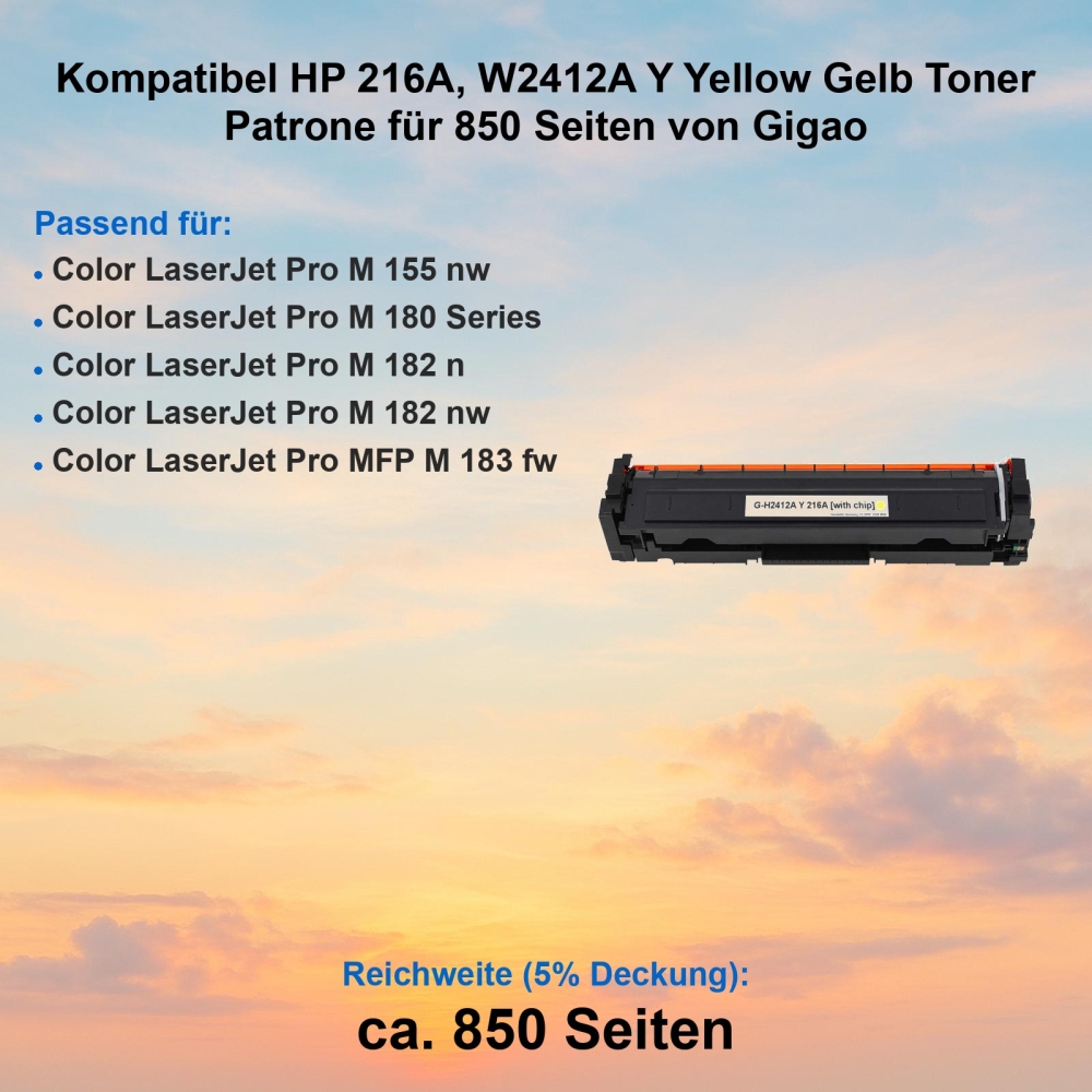 Kompatibel HP 216A, W2412A Y Yellow Gelb Toner Patrone für 850 Seiten von Gigao