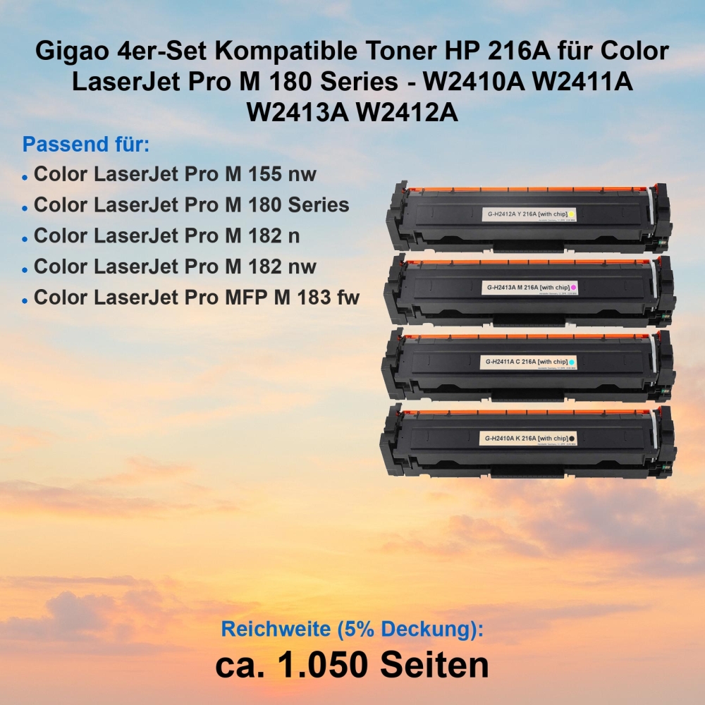 Gigao 4er-Set Kompatible Toner HP 216A für Color LaserJet Pro M 180 Series - W2410A W2411A W2413A W2412A
