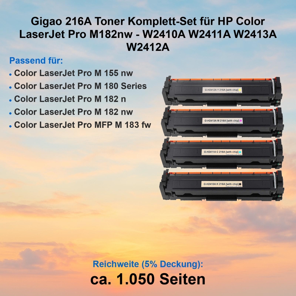 Gigao 216A Toner Komplett-Set für HP Color LaserJet Pro M182nw - W2410A W2411A W2413A W2412A