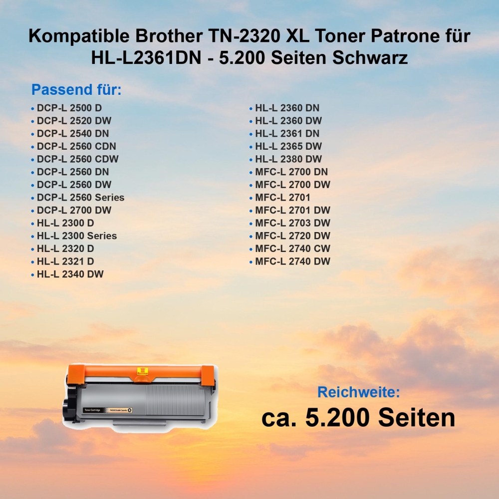 Kompatible Brother TN-2320 XL Toner Patrone für HL-L2361DN - 5.200 Seiten Schwarz
