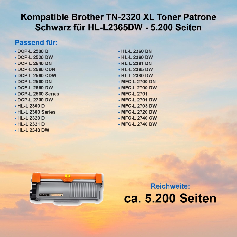 Kompatible Brother TN-2320 XL Toner Patrone Schwarz für HL-L2365DW - 5.200 Seiten