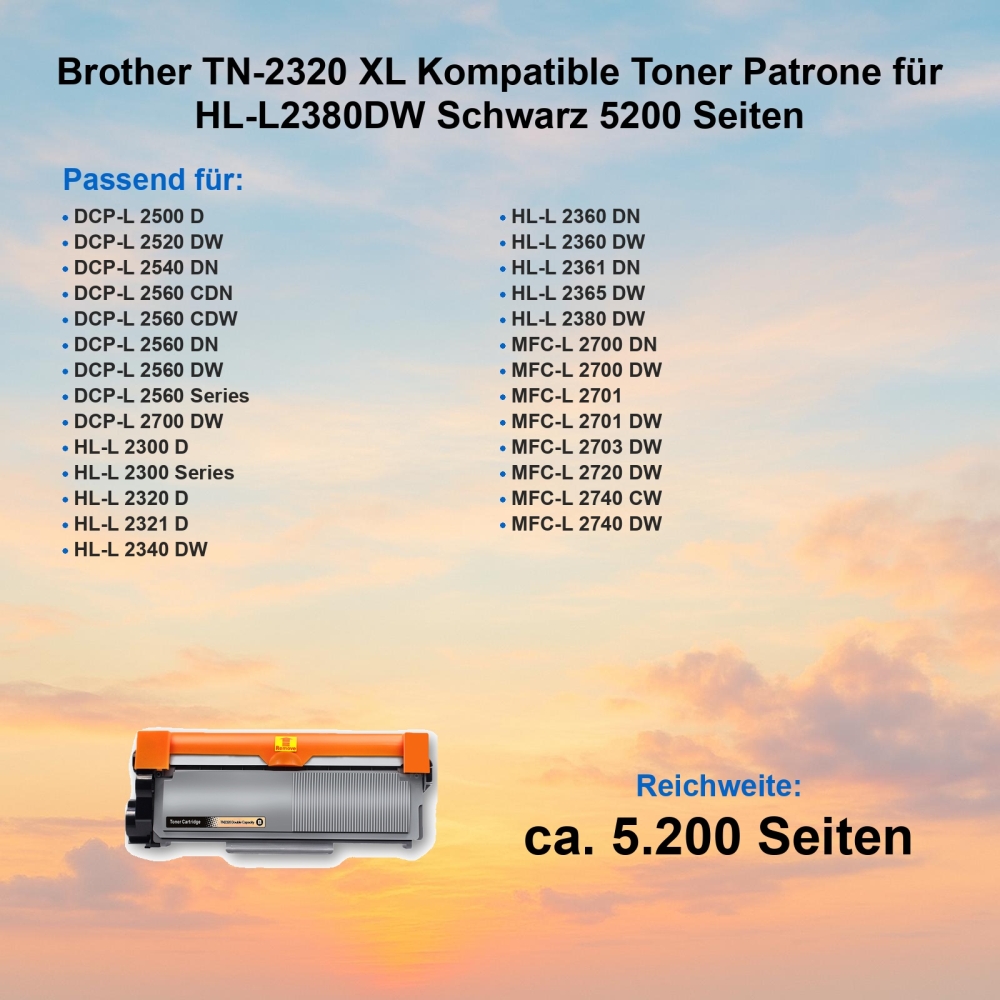 Brother TN-2320 XL Kompatible Toner Patrone für HL-L2380DW Schwarz 5200 Seiten