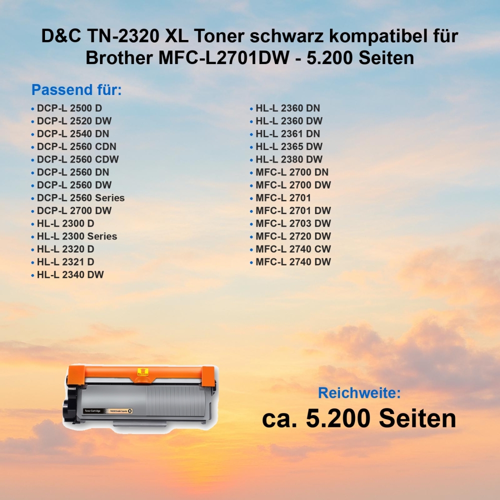 D&C TN-2320 XL Toner schwarz kompatibel für Brother MFC-L2701DW - 5.200 Seiten