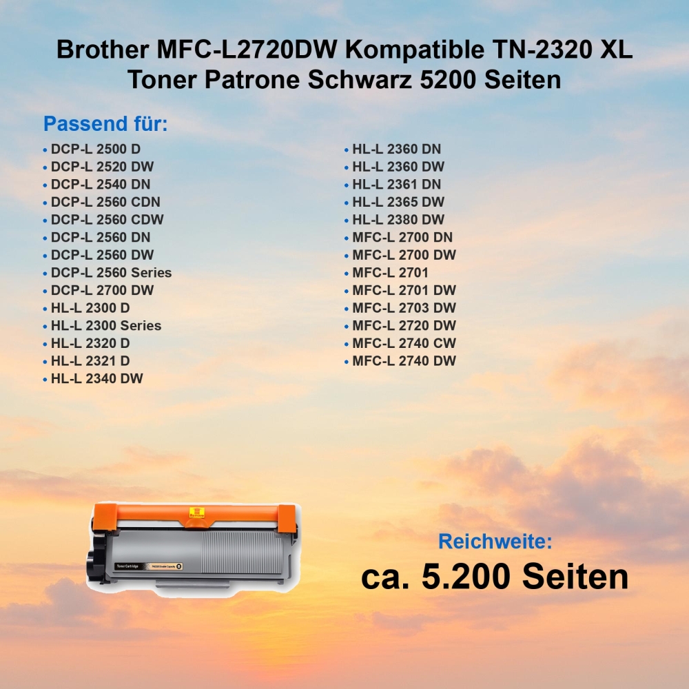 Brother MFC-L2720DW Kompatible TN-2320 XL Toner Patrone Schwarz 5200 Seiten