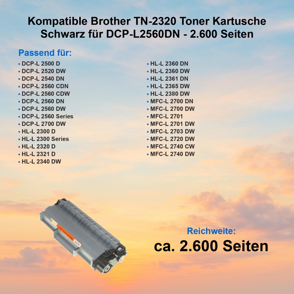 Kompatible Brother TN-2320 Toner Kartusche Schwarz für DCP-L2560DN - 2.600 Seiten