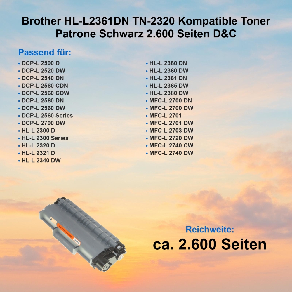 Brother HL-L2361DN TN-2320 Kompatible Toner Patrone Schwarz 2.600 Seiten D&C