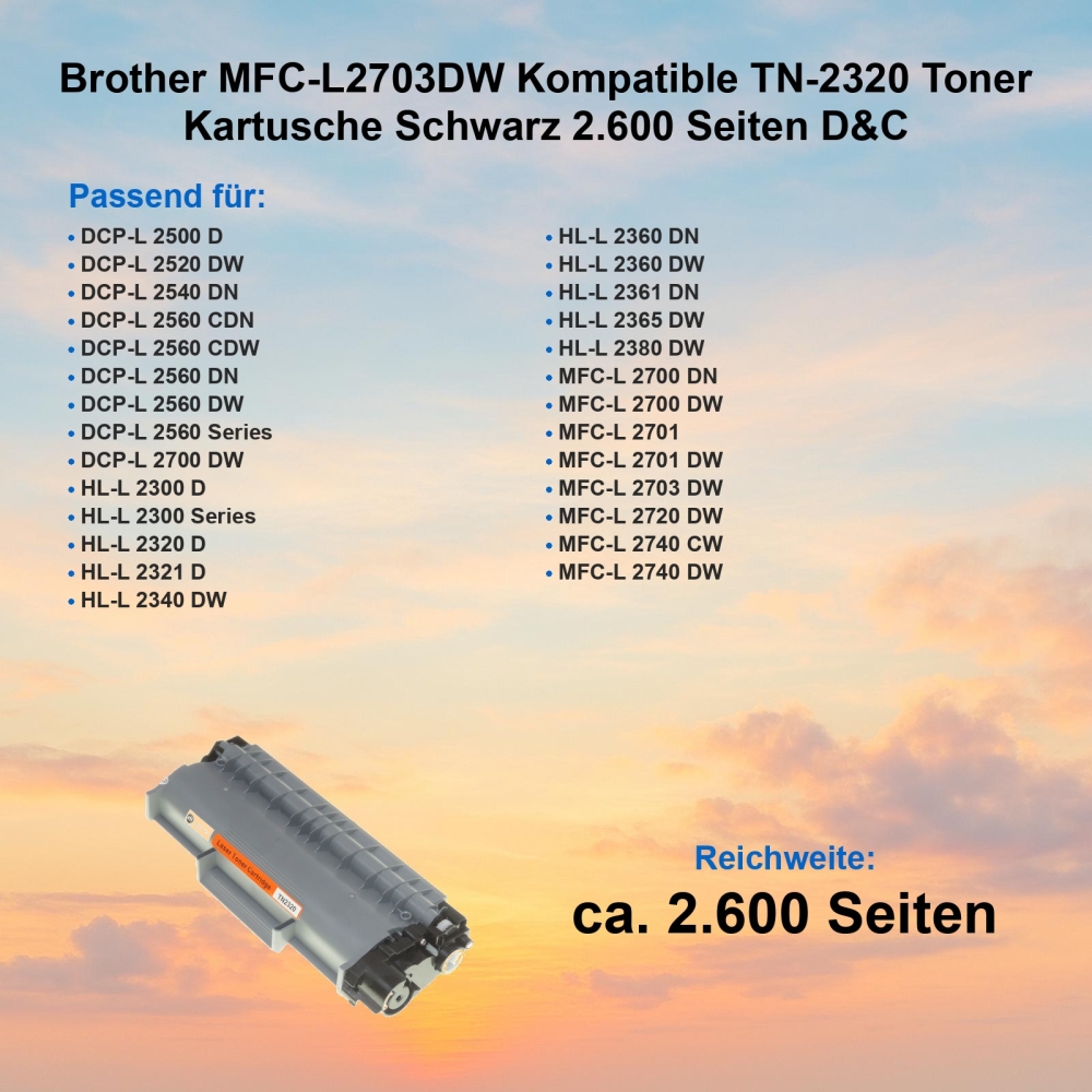 Brother MFC-L2703DW Kompatible TN-2320 Toner Kartusche Schwarz 2.600 Seiten D&C