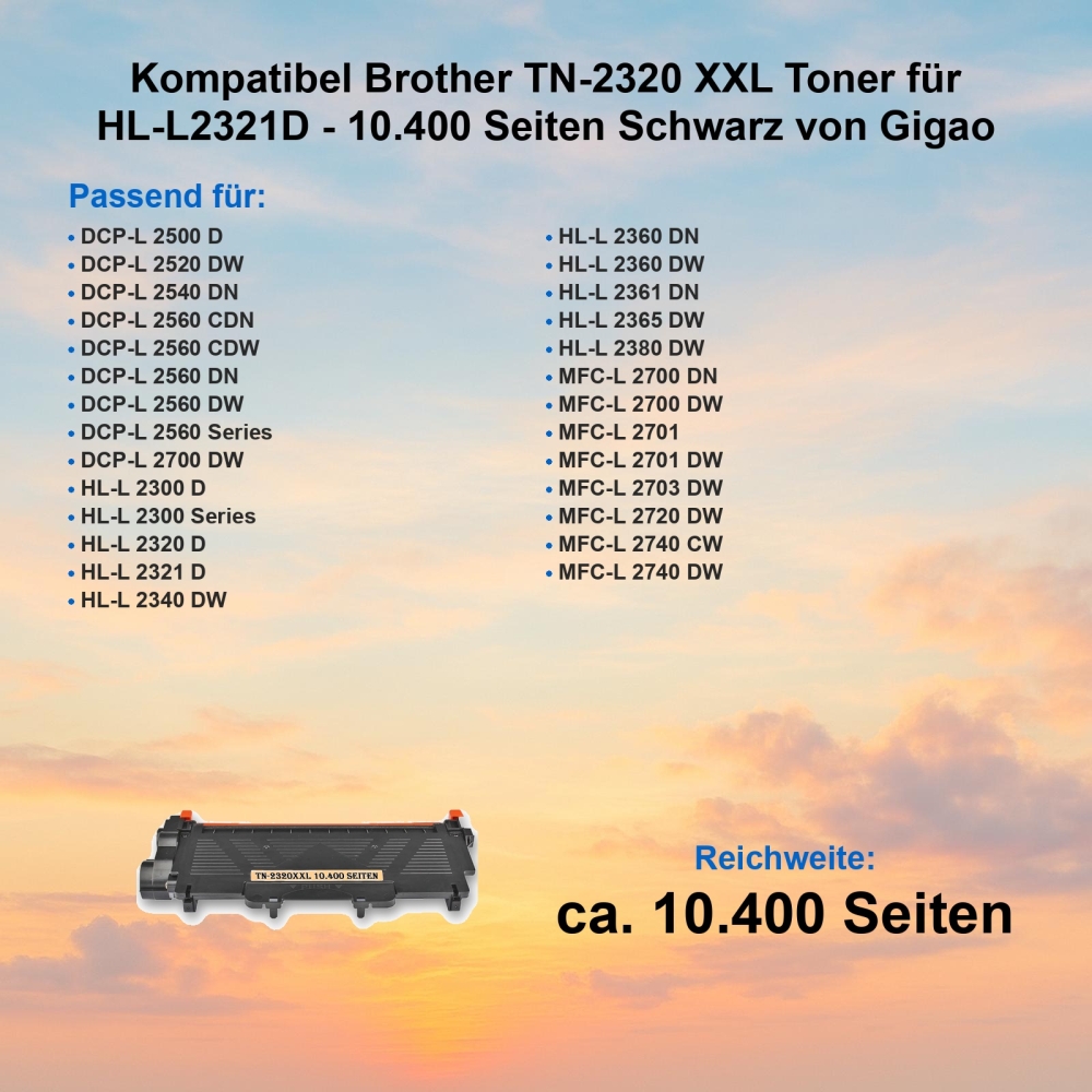 Kompatibel Brother TN-2320 XXL Toner für HL-L2321D - 10.400 Seiten Schwarz von Gigao