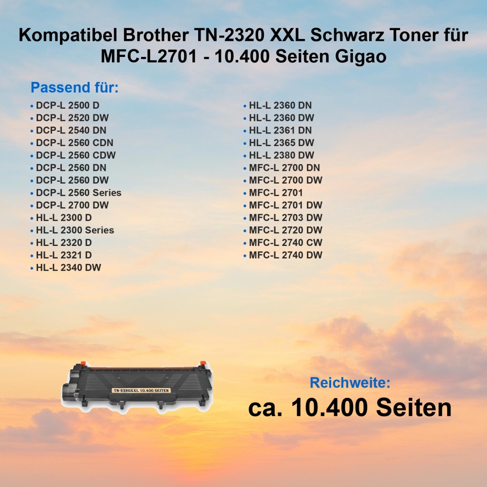 Kompatibel Brother TN-2320 XXL Schwarz Toner für MFC-L2701 - 10.400 Seiten Gigao