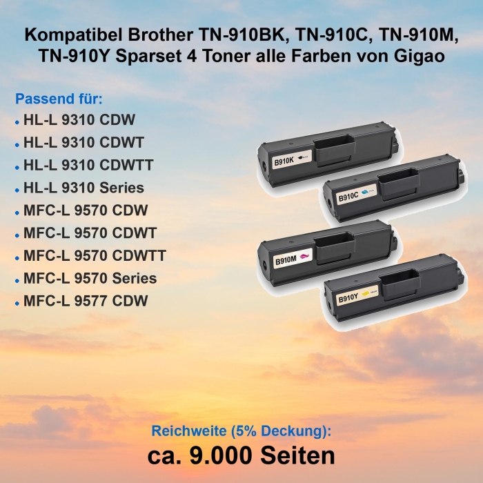 Kompatibel Brother TN-910BK, TN-910C, TN-910M, TN-910Y Sparset 4 Toner alle Farben von Gigao