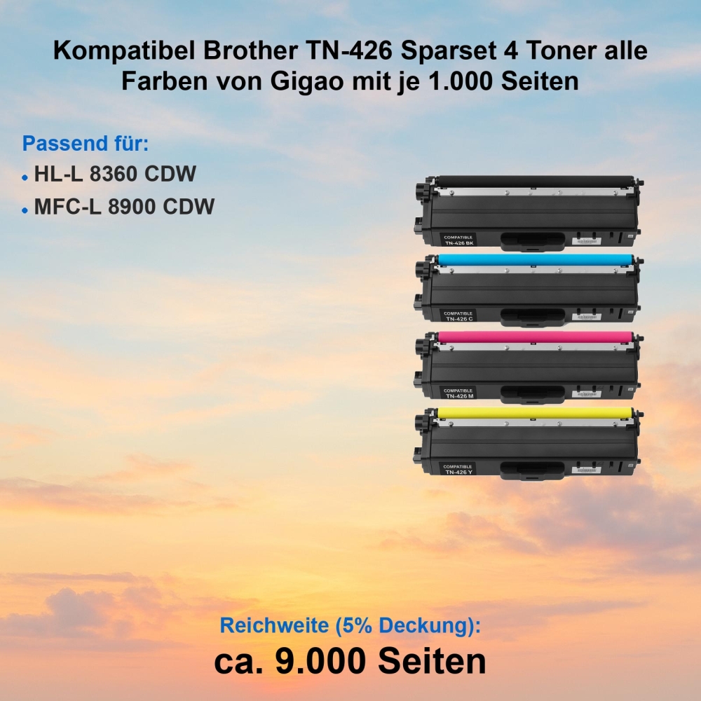 Kompatibel Brother TN-426 Sparset 4 Toner alle Farben von Gigao mit je 9.000 Seiten