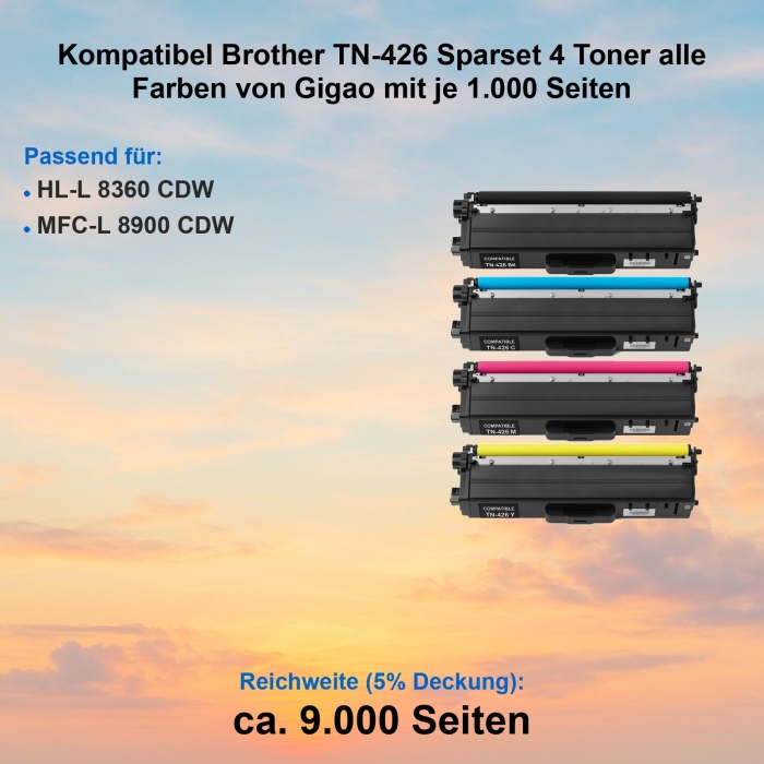 Kompatibel Brother TN-426 Sparset 4 Toner alle Farben von Gigao mit je 9.000 Seiten