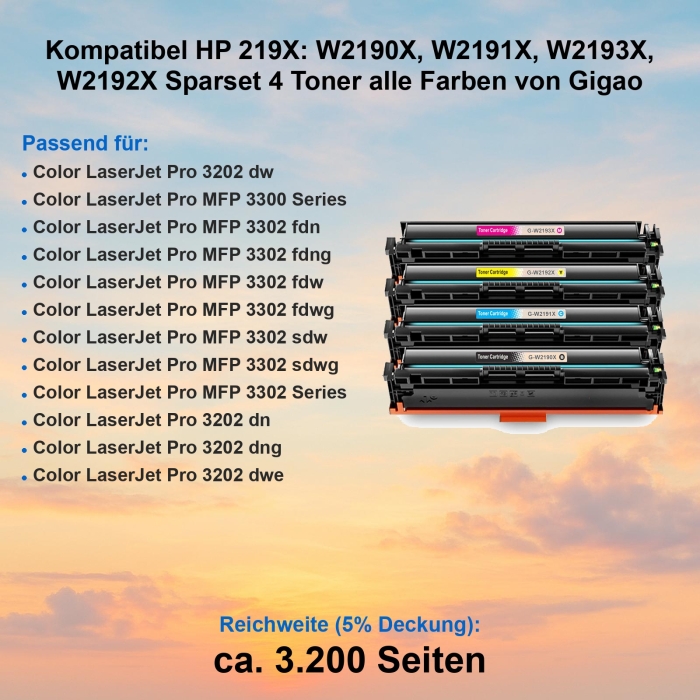 Kompatibel HP 219X W2190X, W2191X, W2193X, W2192X Sparset 4 Toner alle Farben von Gigao