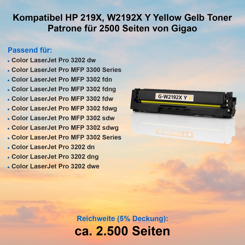 Kompatibel HP 219X, W2192X Y Yellow Gelb Toner Patrone für 2500 Seiten von Gigao