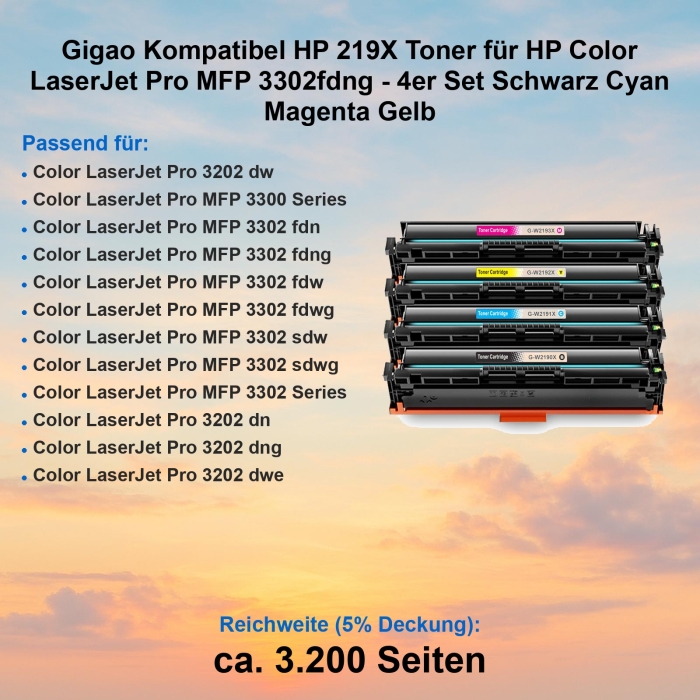 Gigao kompatibel HP 219X Toner für HP Color LaserJet Pro MFP 3302fdng - 4er Set Schwarz Cyan Magenta Gelb