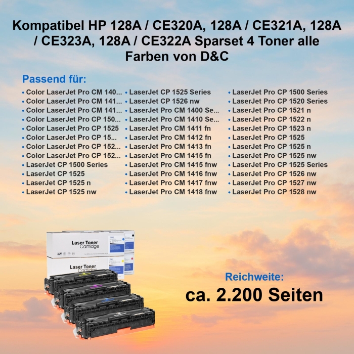 Kompatibel HP 128A Toner-Set 4-farbig für HP LaserJet Pro CM1411fn (CE320A/CE321A/CE322A/CE323A)