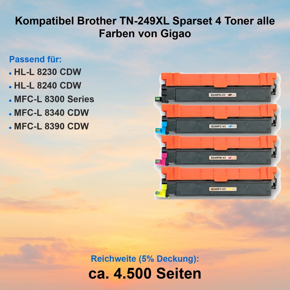 Kompatibel Brother TN-249XL Toner für HL-L8230CDW – 4 Toner Sparset XXL-Seitenreichweite 4.500 Schwarz, 4.000 Seiten je Farbe