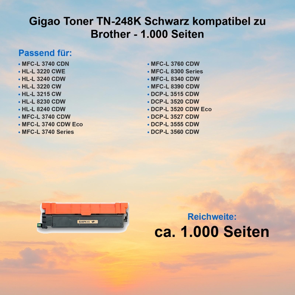 Gigao Toner TN-248K Schwarz kompatibel für Brother MFC-L3760CDW - 1.000 Seiten