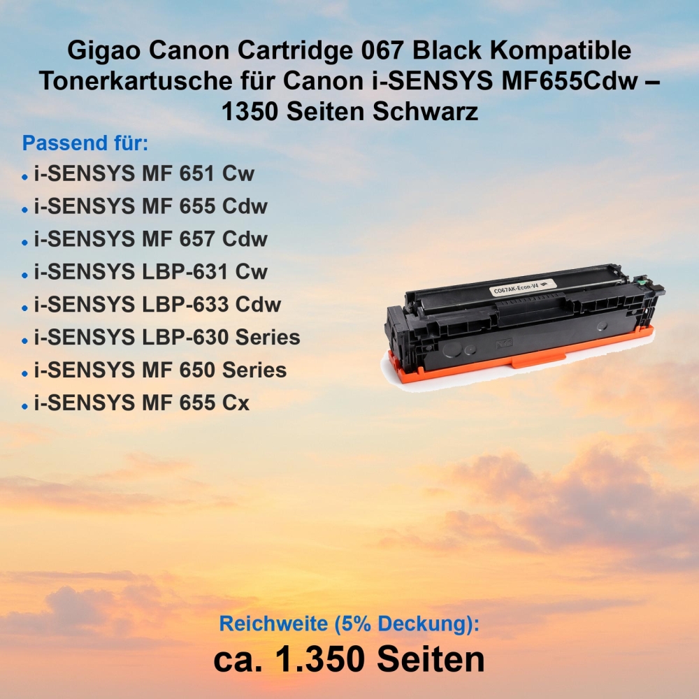 Gigao Canon Cartridge 067 Black Kompatible Tonerkartusche für Canon i-SENSYS MF655Cdw – 1350 Seiten Schwarz