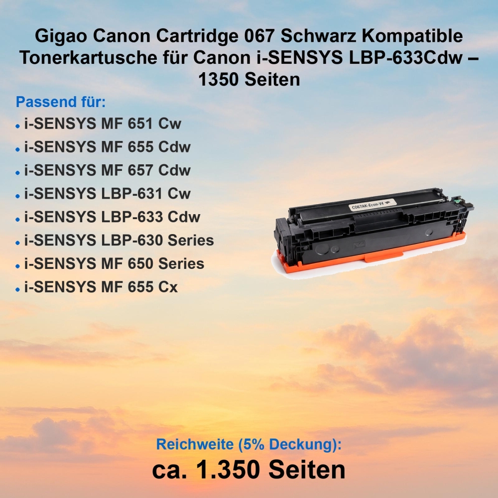 Gigao Canon Cartridge 067 Schwarz Kompatible Tonerkartusche für Canon i-SENSYS LBP-633Cdw – 1350 Seiten