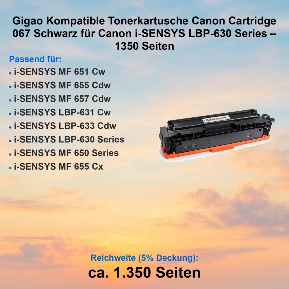 Gigao Kompatible Tonerkartusche Canon Cartridge 067 Schwarz für Canon i-SENSYS LBP-630 Series – 1350 Seiten