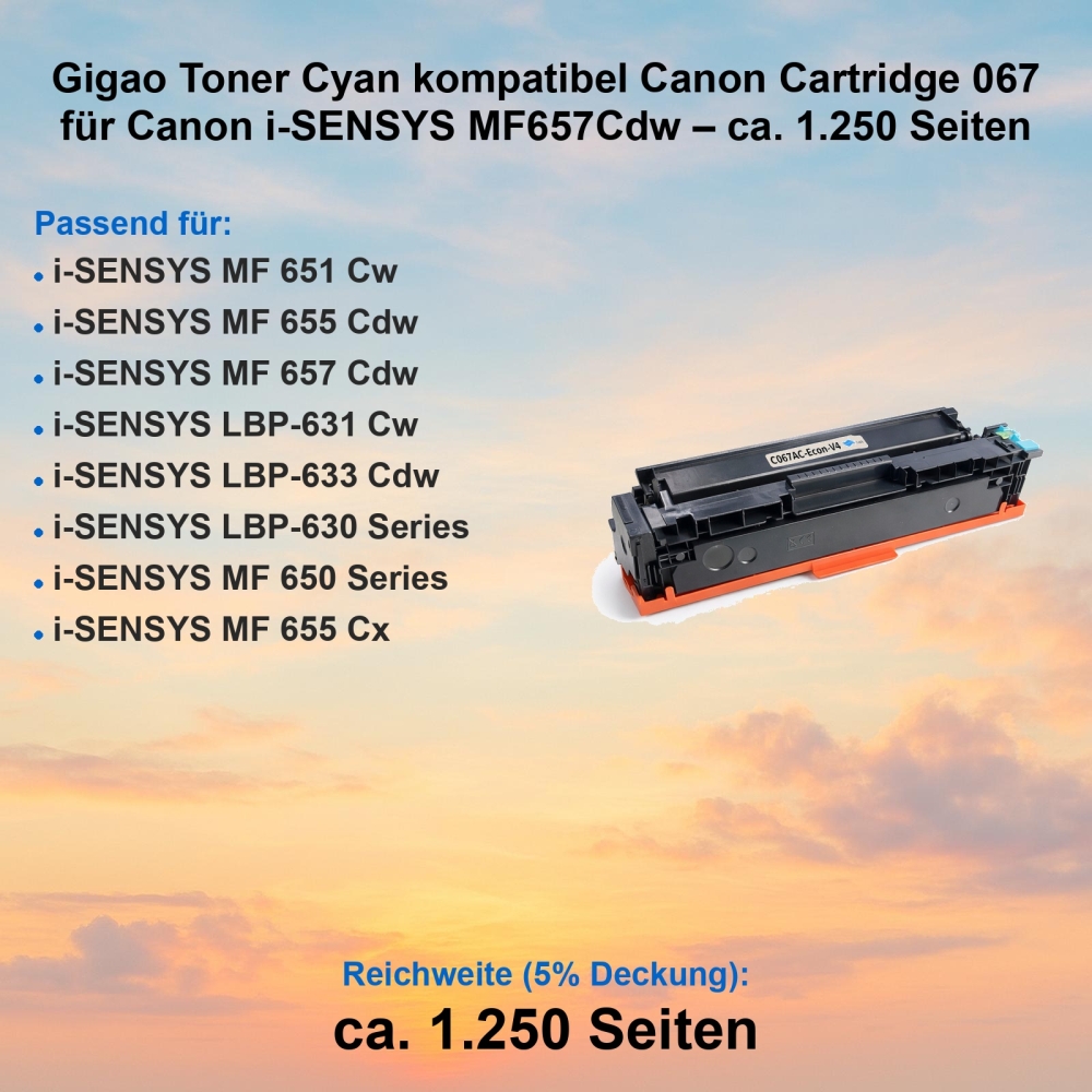 Gigao Toner Cyan kompatibel Canon Cartridge 067 für Canon i-SENSYS MF657Cdw – ca. 1.250 Seiten