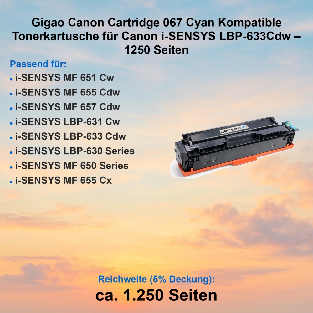 Gigao Canon Cartridge 067 Cyan Kompatible Tonerkartusche für Canon i-SENSYS LBP-633Cdw – 1250 Seiten