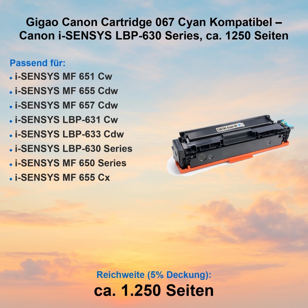 Gigao Canon Cartridge 067 Cyan Kompatibel – Canon i-SENSYS LBP-630 Series, ca. 1250 Seiten