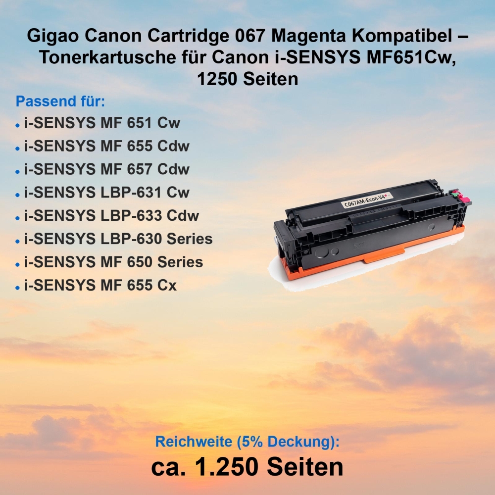 Gigao Canon Cartridge 067 Magenta Kompatibel – Tonerkartusche für Canon i-SENSYS MF651Cw, 1250 Seiten