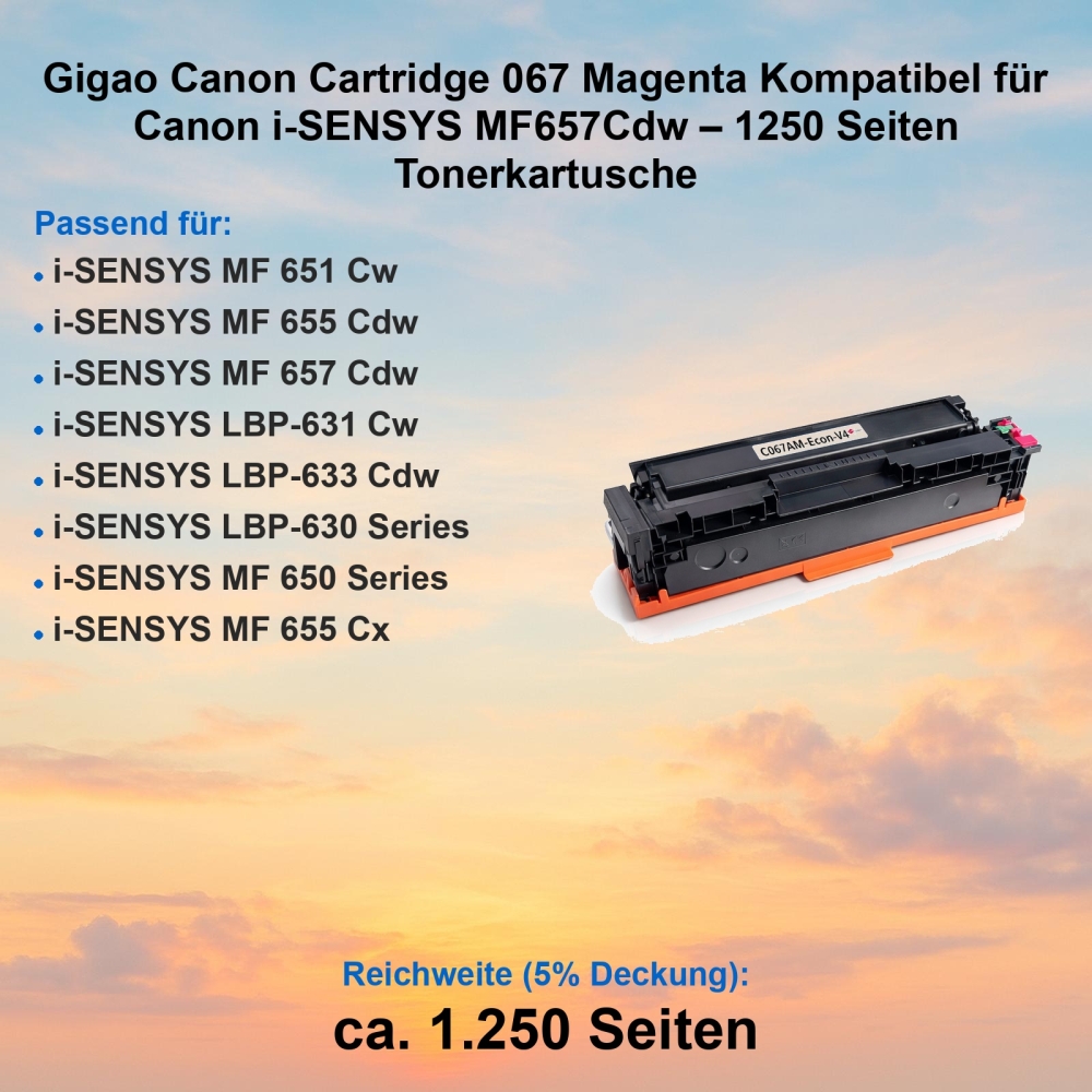Gigao Canon Cartridge 067 Magenta Kompatibel für Canon i-SENSYS MF657Cdw – 1250 Seiten Tonerkartusche