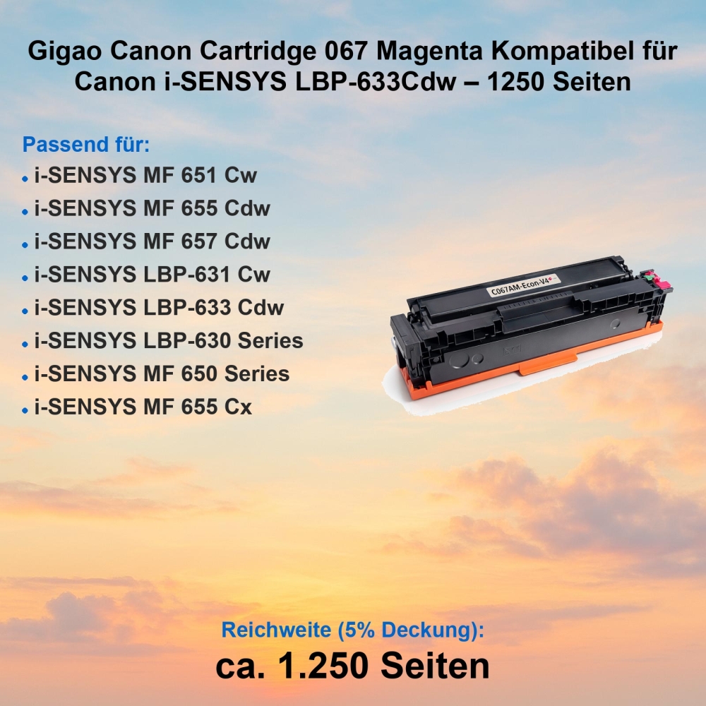 Gigao Canon Cartridge 067 Magenta Kompatibel für Canon i-SENSYS LBP-633Cdw – 1250 Seiten
