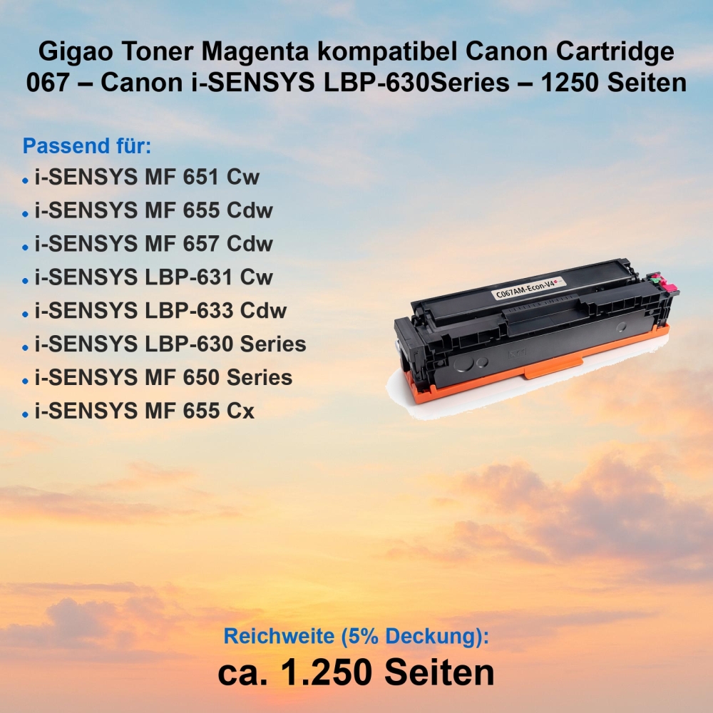Gigao Toner Magenta kompatibel Canon Cartridge 067 – Canon i-SENSYS LBP-630Series – 1250 Seiten
