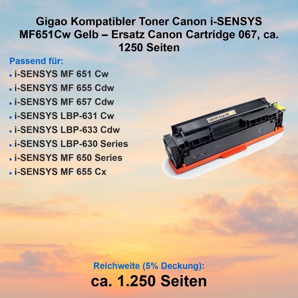 Gigao Kompatibler Toner Canon i-SENSYS MF651Cw Gelb – Ersatz Canon Cartridge 067, ca. 1250 Seiten
