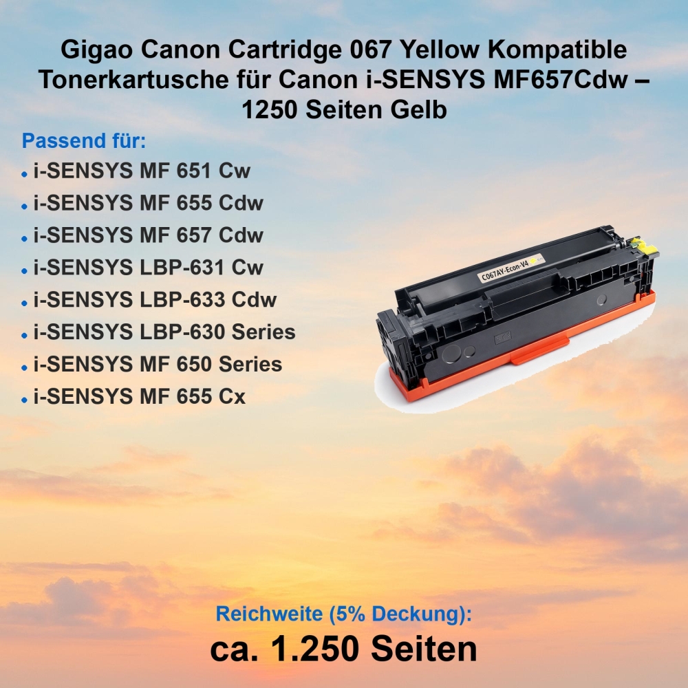 Gigao Canon Cartridge 067 Yellow Kompatible Tonerkartusche für Canon i-SENSYS MF657Cdw – 1250 Seiten Gelb