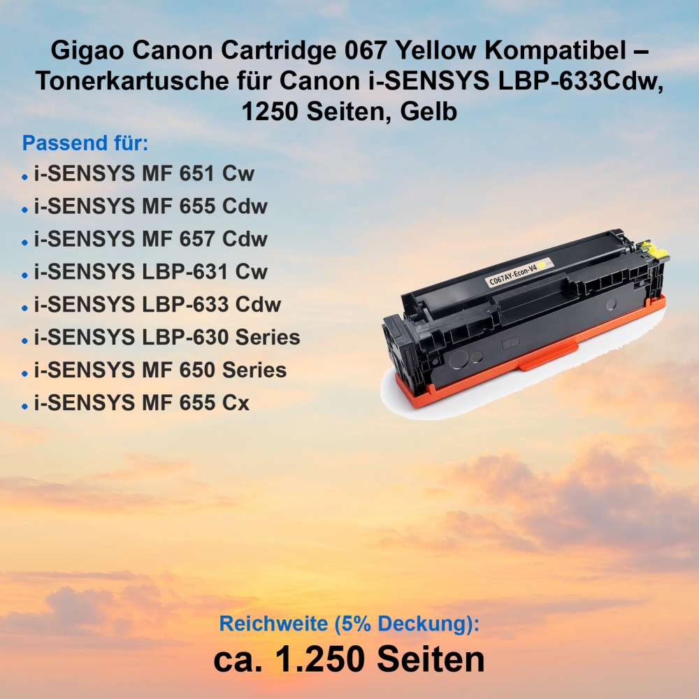 Gigao Canon Cartridge 067 Yellow Kompatibel – Tonerkartusche für Canon i-SENSYS LBP-633Cdw, 1250 Seiten, Gelb
