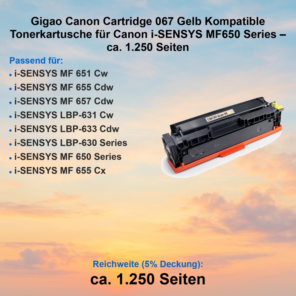 Gigao Canon Cartridge 067 Gelb Kompatible Tonerkartusche für Canon i-SENSYS MF650 Series – ca. 1.250 Seiten