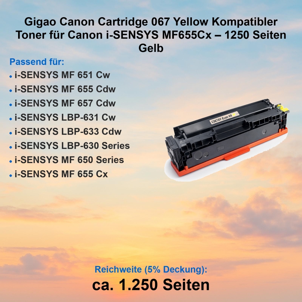 Gigao Canon Cartridge 067 Yellow Kompatibler Toner für Canon i-SENSYS MF655Cx – 1250 Seiten Gelb