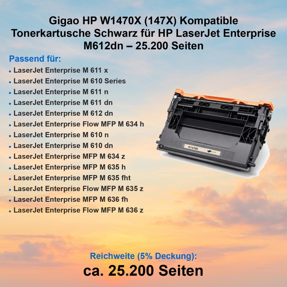 Gigao HP W1470X (147X) Kompatible Tonerkartusche Schwarz für HP LaserJet Enterprise M612dn – 25.200 Seiten