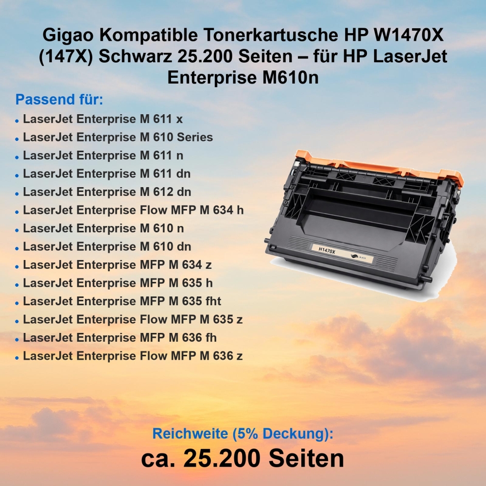 Gigao Kompatible Tonerkartusche HP W1470X (147X) Schwarz 25.200 Seiten – für HP LaserJet Enterprise M610n